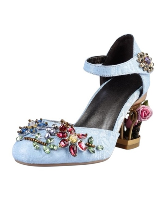 Hand Crafted Shoes - Handmade Blue Brocade Crystal Cage Shoes